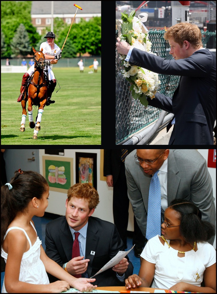 From top left, HRH Prince Harry plays polo on Governors Island on May 30, 2009 in New York City. HRH Prince Harry lays a wreath to pay his respect to the victims of the World Trade Center attacks in 2001 hangs at Ground Zero, the site of the former World Trade Center, on May 29, 2009 in New York and 

Britain's Prince Harry (2nd L) and Prince Seeiso of Lesotho (2nd R) speak to students during a tour of the Harlem Children's Zone school in the Harlem region of New York May 30, 2009.